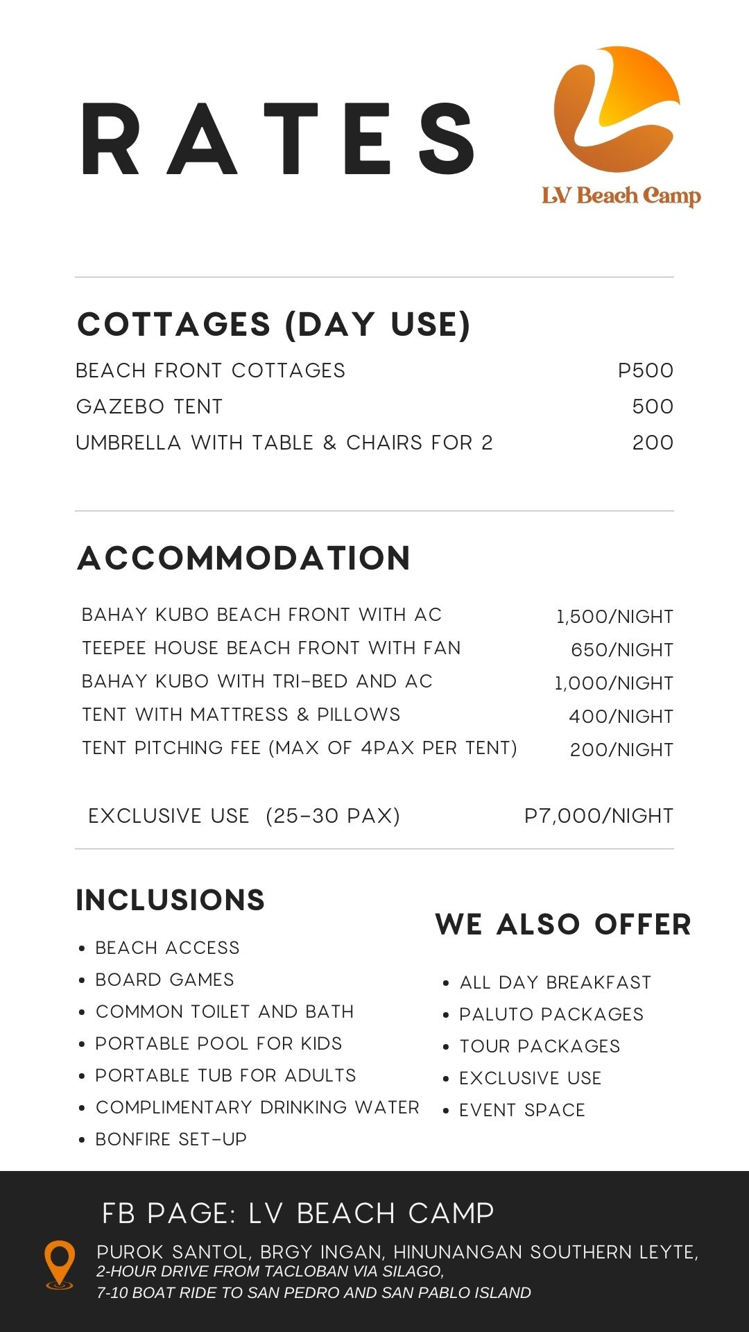 LV Beach Camp price list